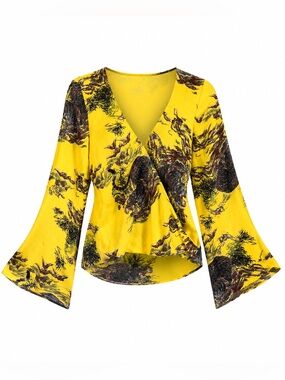 Y2K GUESS Tiger Asian Print Blouse Long Sleeve Wrap Shirt